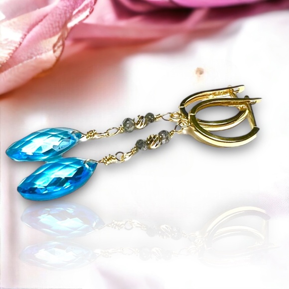 18k Gold Swiss Blue Topaz Earrings - Celebrate December Birthstone Brilliance - Picture 8 of 9